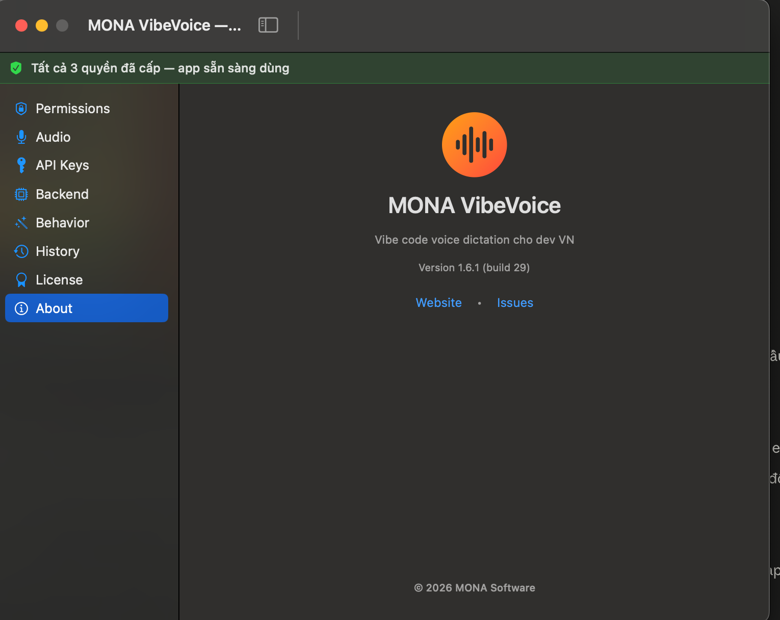 MONA VibeVoice About — version 1.8.0 (build 48) · Vibe code voice dictation cho dev VN