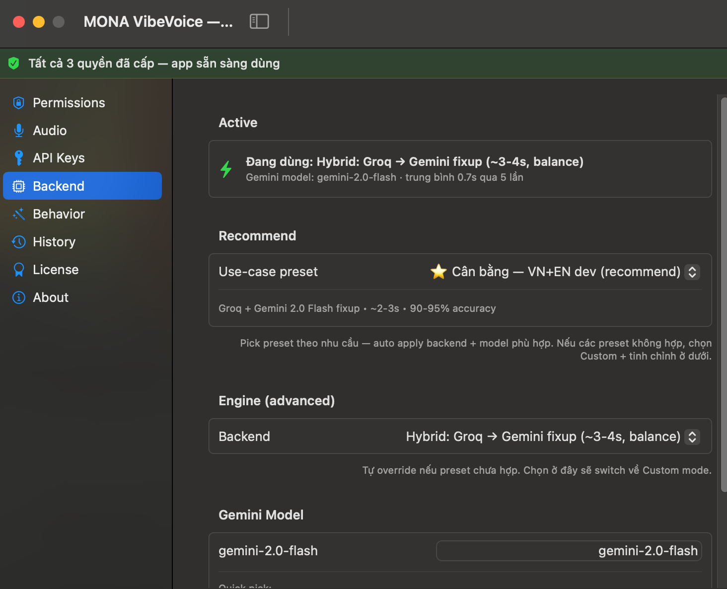 MONA VibeVoice Settings → Backend tab — 5 use-case presets with live latency tracking