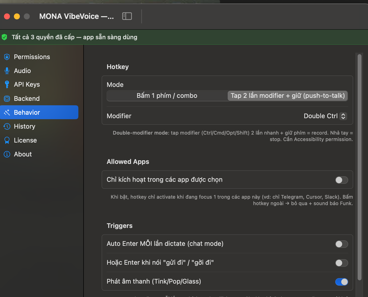 MONA VibeVoice Settings → Behavior tab — hotkey mode + triggers