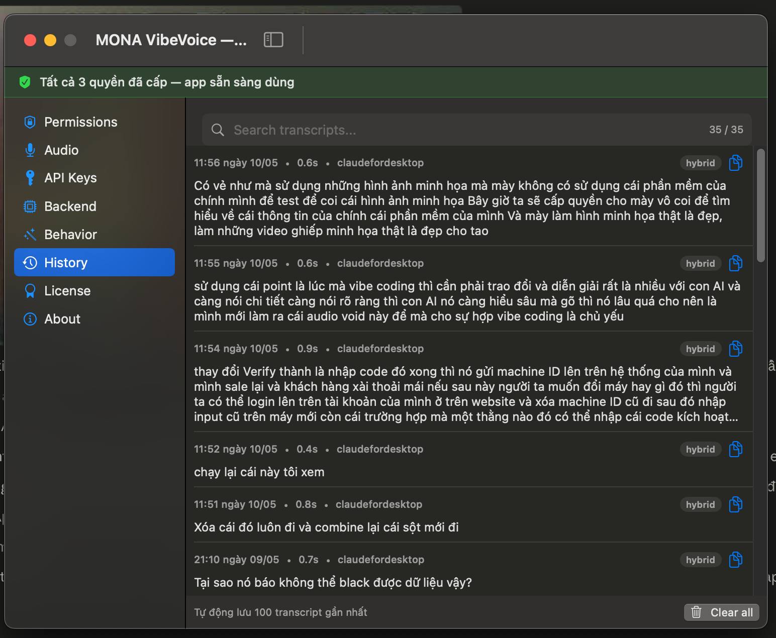History tab showing real dictation transcripts about Cursor, Claude, vibe coding